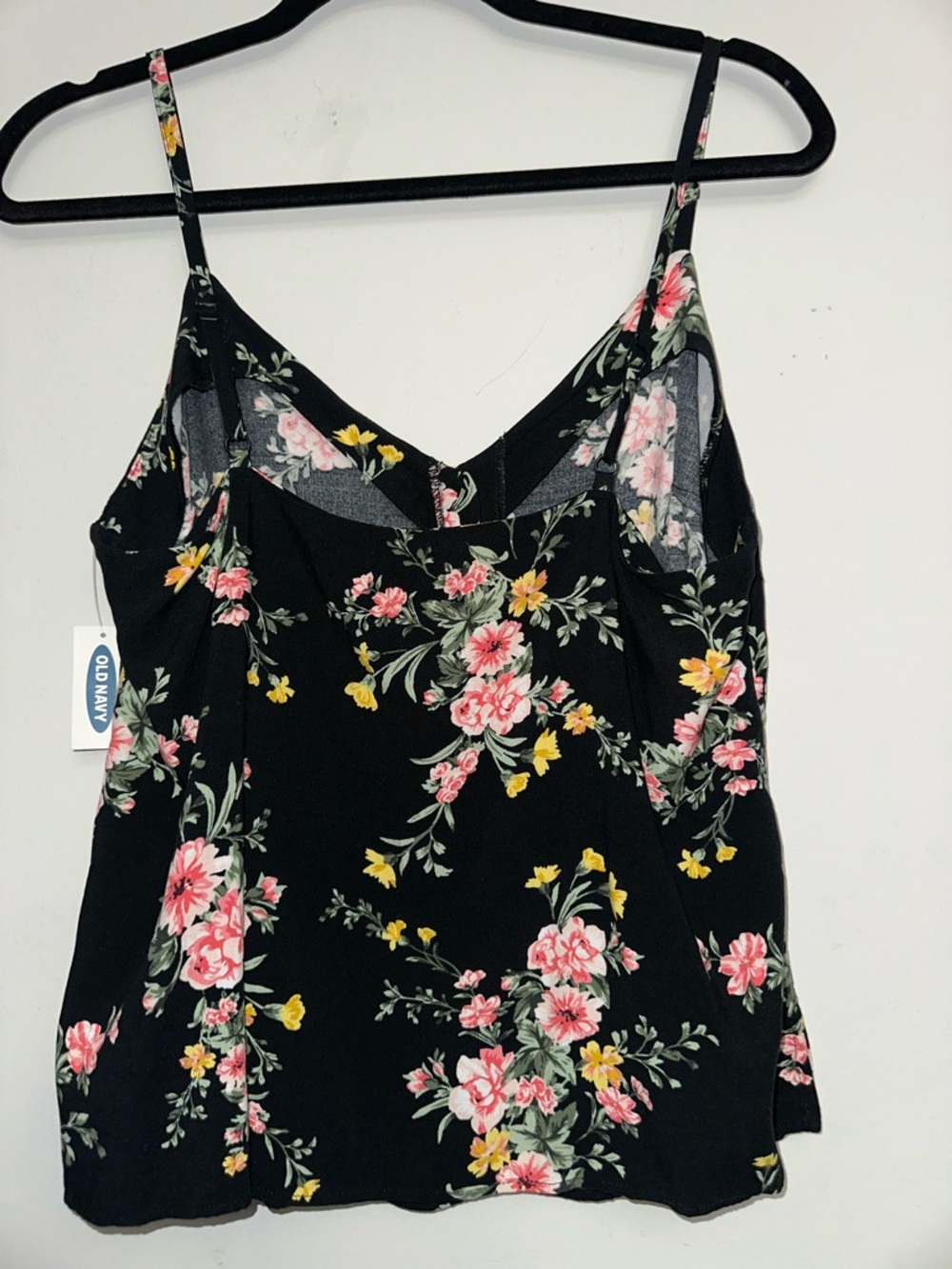 Floral V-Neck Spaghetti Strap Top - Black w/ Pink & Yellow Flowers, M - Picture 5 of 9